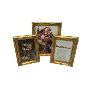 Set Of Three Vintage Gold Color Frames w/ Glass Christmas Religious Art Ornate